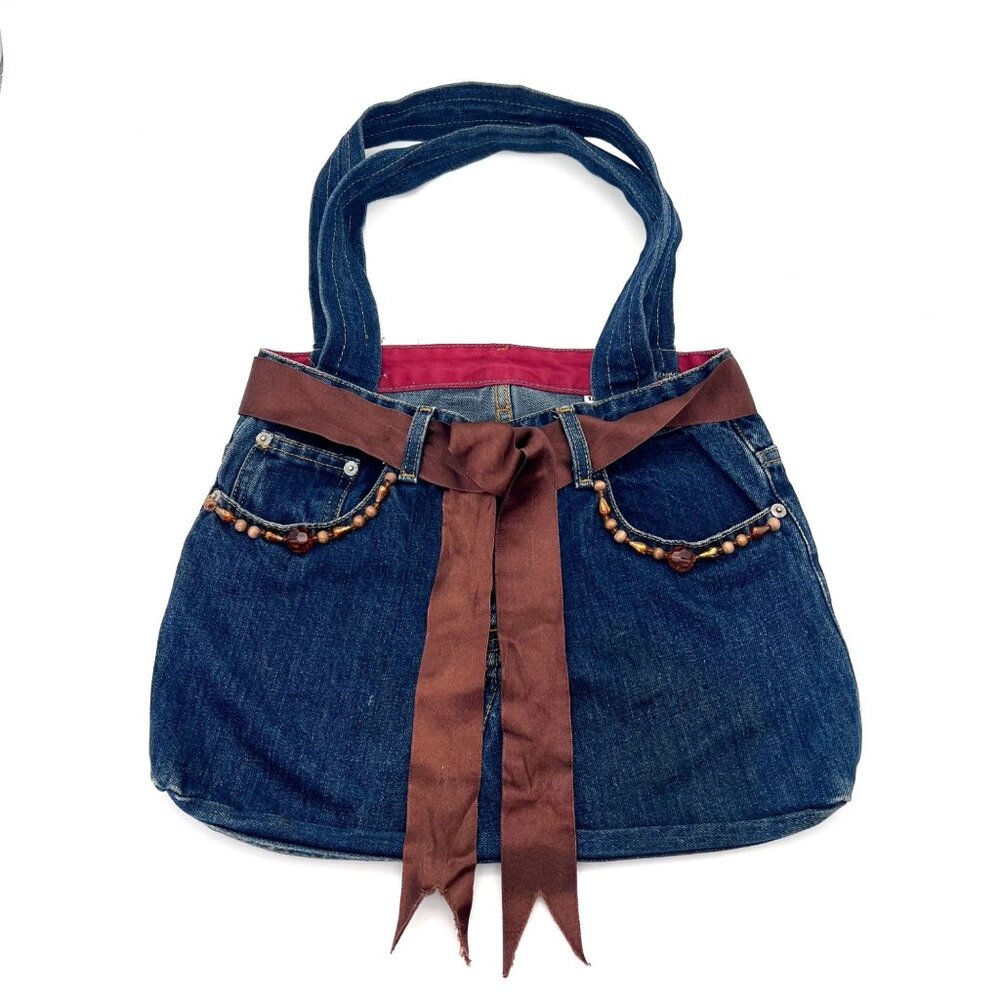 Upcycled Denim Handbag Purse Chic Beaded Pockets & Brown Ribbon FM Jeans Button